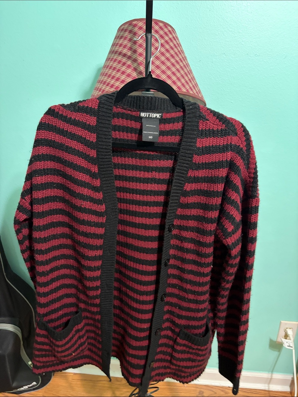 Hot Topic Men's Black & Red Striped Open Cardigan
